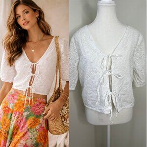 Tissaia Front Tie Embroidered Eyelet Blouse